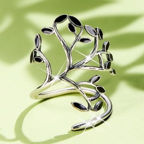 Black enamel leaf adjustable wrap ring in 925 sterling silver Big Dramatic NWOT - Picture 2 of 5